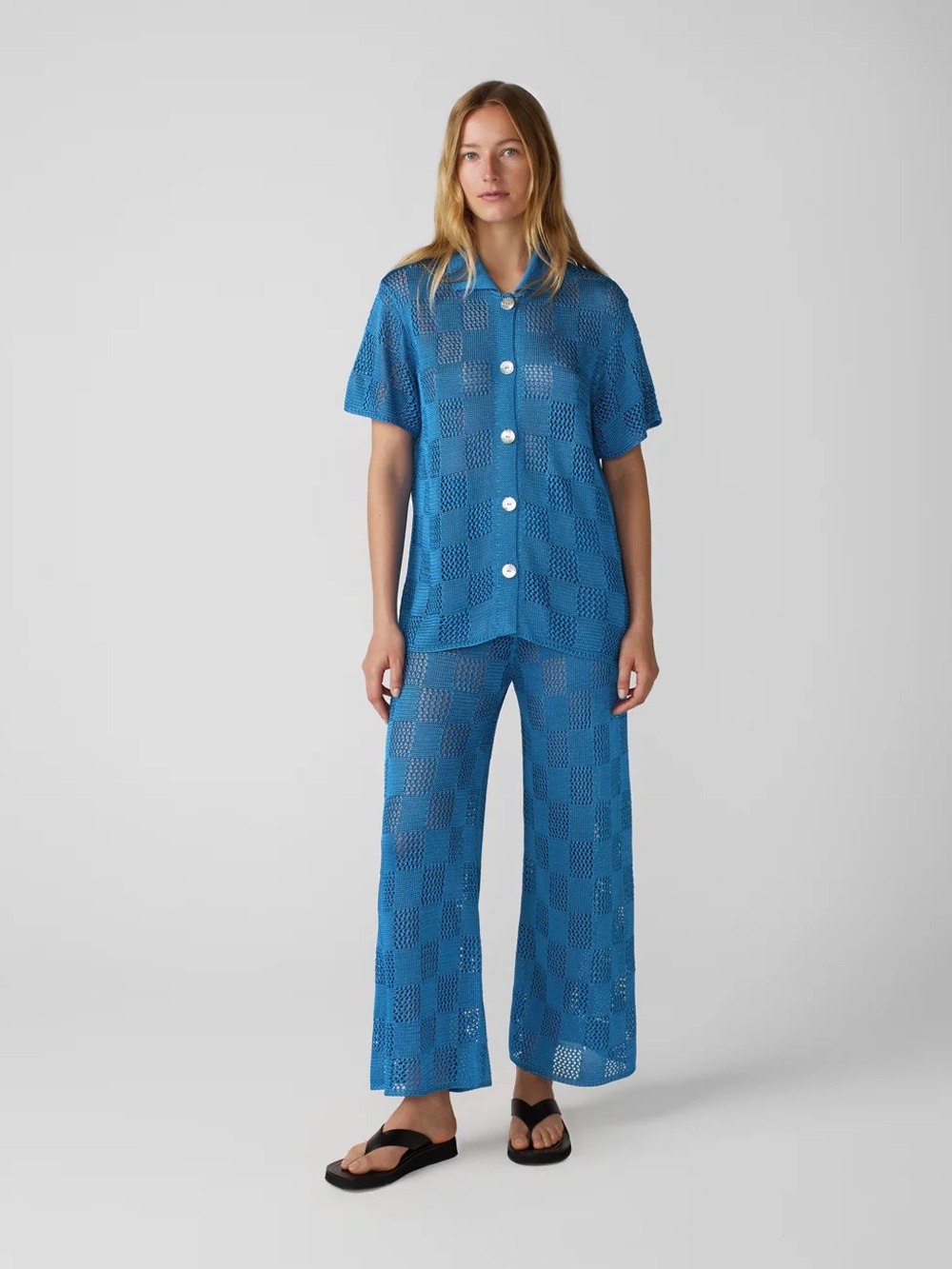 Calle Del Mar Checkers Washed Cobalt Shirt and Pants Set New With Tags